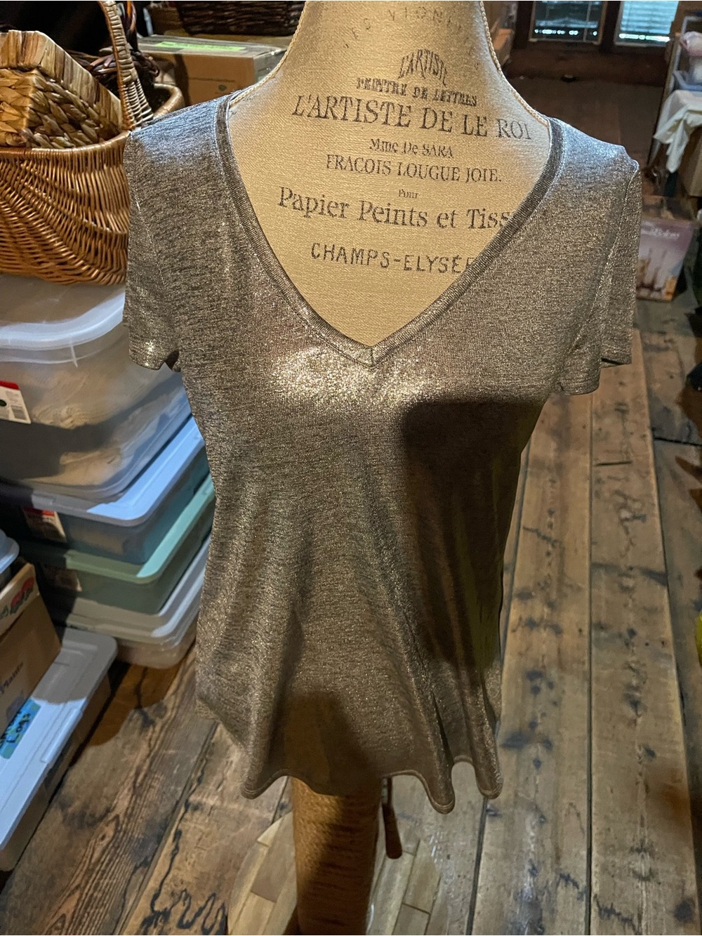 White House Black Market Silver Metallic V-Neck Short Sleeve Tee